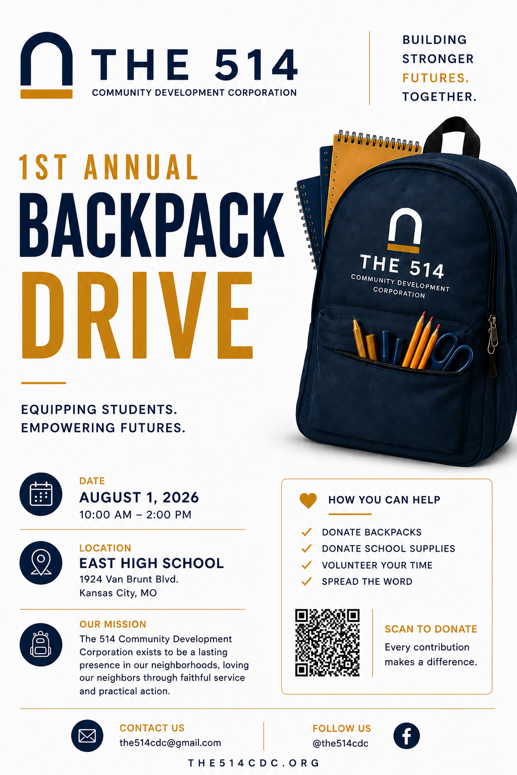 1st Annual Backpack Drive flyer — August 1, 2026 at East High School, Kansas City, MO
