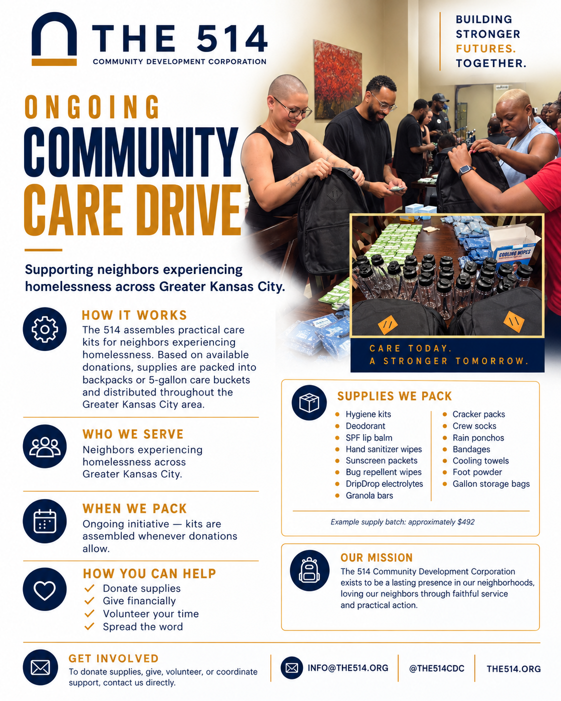 Ongoing Community Care Drive flyer — The 514 supporting neighbors experiencing homelessness across Greater Kansas City